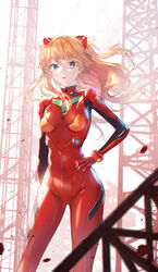  absurdres bad_id bad_pixiv_id blue_eyes bodysuit bracer breasts breasts_apart day female floating_hair hair_between_eyes hand_on_own_hip hand_on_own_thigh headgear highres legs_apart long_hair looking_at_viewer medium_breasts neon_genesis_evangelion orange_hair parted_lips plugsuit red_bodysuit solo souryuu_asuka_langley standing yon_(tellmedoor) 