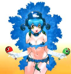  blue_hair breasts female gloves gradient_background highres instrument large_breasts maracas microsoft_windows navel non-web_source os-tan pasties personification product_girl revealing_clothes samba solo star_pasties tassel white_gloves winchan yellow_eyes yoshizaki_mine 