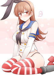  ass_visible_through_thighs black_hairband black_neckerchief black_panties blush breasts brown_eyes brown_hair closed_mouth commentary_request cosplay crop_top elbow_gloves female gloves gradient_background hair_ornament hairband highleg highleg_panties kantai_collection large_breasts long_hair looking_at_viewer md5_mismatch neckerchief no_pants ooi_(kancolle) panties rui_shi_(rayze_ray) sailor_collar school_uniform serafuku shimakaze_(kancolle) shimakaze_(kancolle)_(cosplay) sitting skirt solo striped_clothes striped_thighhighs thighhighs underwear white_gloves 