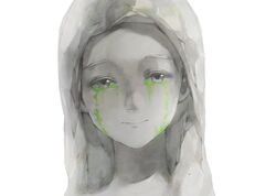  alternate_body_fluid breedo closed_mouth commentary crying female highres looking_at_viewer moss original portrait simple_background smile solo statue straight-on white_background 