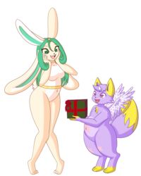  4:5 4_ears absurd_res alpha_channel ambiguous_gender anthro auburn_eyes belly bow_ribbon chest_tuft duo exadian female gift green_eyes green_hair hair head_tuft hi_res humanoid janus_zephyrine multi_ear puchelle_tiear seraphie slim star surprise tuft wings 