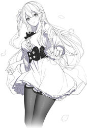  blush braid breasts closed_mouth collared_shirt commentary_request corset dress_shirt emily_stock female frilled_skirt frills greyscale hair_between_eyes holding long_hair long_sleeves looking_at_viewer medium_breasts monochrome one_side_up original pantyhose petticoat ririko_(zhuoyandesailaer) see-through shirt simple_background skirt smile solo very_long_hair white_background 