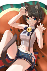  absurdres animal_ears banana_de_ikopon bell blue_eyes blue_ribbon braid brown_hair cat_ears cat_tail claw_pose denim denim_shorts female food fruit grin highres hololive knee_up looking_at_viewer official_alternate_costume official_alternate_hairstyle oozora_subaru oozora_subaru_(work) ribbon shirt short_hair short_shorts shorts sitting sleeveless sleeveless_shirt smile solo striped_clothes striped_shirt swept_bangs tail vertical-striped_clothes vertical-striped_shirt virtual_youtuber watermelon white_shirt 