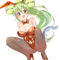  :d absurdres animal_ears arms_behind_back bare_shoulders blush bow bowtie breasts brown_eyes brown_pantyhose cleavage clothing_cutout club_cutout collar detached_collar fake_animal_ears female green_hair hair_between_eyes hairband high_heels high_ponytail highres jacklyn_(show_by_rock!!) knees_up large_breasts leotard long_hair looking_at_viewer navel navel_cutout nyama pantyhose playboy_bunny ponytail rabbit_ears red_bow red_bowtie red_footwear red_hairband red_leotard shoes show_by_rock!! simple_background smile solo squatting strapless strapless_leotard tadpole_tail tail very_long_hair white_background white_collar wing_collar 