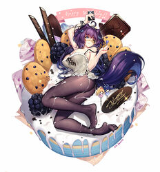  ahoge animal_ears ass birthday black_pantyhose blackberry_(fruit) blue_eyes bodice breasts cake camisole candy cellphone chocolate cleavage cookie cross-laced_clothes dk.senie dog_ears dog_tail feet female food full_body glasses happy_birthday heterochromia highres holding holding_phone icing in_food large_breasts licking_lips lollipop long_hair looking_at_viewer lying md5_mismatch messy no_pants no_shoes on_side original oversized_food oversized_object pantyhose phone photoshop_(medium) purple_hair ribbon semi-rimless_eyewear short_hair signature smartphone smile solo spaghetti_strap strap_slip tail tongue tongue_out twisted_torso under-rim_eyewear wafer_stick wrist_ribbon yellow-framed_eyewear yellow_eyes 