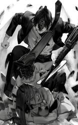  2boys action battle business_suit chainsaw chainsaw_man collared_shirt denji_(chainsaw_man) female formal greyscale gun gun_fiend_(chainsaw_man) highres horns long_hair monochrome multiple_boys necktie pants power_(chainsaw_man) seki_(fyfyfy) sharp_teeth shirt short_hair spoilers suit teeth weapon 