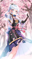  absurdres armor black_gloves blue_dress blue_eyes blue_hair breastplate cherry_blossoms commentary dappled_sunlight dress eshineko female fingerless_gloves genshin_impact gloves hair_ornament hand_up highres kamisato_ayaka kamisato_clan_(emblem) ponytail sidelocks smile solo sunlight symbol-only_commentary tree two-sided_dress two-sided_fabric vambraces 