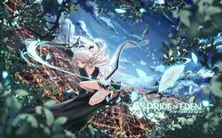  building city clouble clouds gray_hair hat logo night petals red:_pride_of_eden red_eyes skirt sword tree weapon 