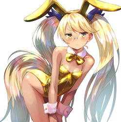  absurdres animal_ears arched_back bare_shoulders blonde_hair blush bow bowtie closed_mouth collar collarbone detached_collar fake_animal_ears female glasses hairband highres leaning_forward leotard long_hair looking_at_viewer nyama playboy_bunny rabbit_ears retoree_(show_by_rock!!) show_by_rock!! simple_background solo strapless strapless_leotard swept_bangs tail tail_through_clothes twintails very_long_hair white_background white_collar wing_collar wrist_cuffs yellow_bow yellow_bowtie yellow_hairband yellow_leotard 