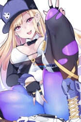  air_jordan air_jordan_5 alternate_costume ass baseball_cap black_gloves black_sweater black_thighhighs blonde_hair bow bowtie breasts covered_navel detached_collar ear_piercing earrings english_commentary female fingerless_gloves foreground_text gloves gradient_hair hair_behind_ear half_gloves hat highleg highleg_leotard hot_vr jacket jewelry kitagawa_marin leotard lips long_hair looking_at_viewer medium_breasts multicolored_hair open_mouth pantyhose patreon_username piercing pixiv_username presenting purple_legwear red_eyes red_hair shoes signature sitting smile sneakers solo sono_bisque_doll_wa_koi_wo_suru spread_legs strapless strapless_leotard sweater sweater_jacket swept_bangs thighhighs thighs torn_clothes torn_thighhighs v white_leotard 