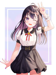  ;d absurdres ahoge black_hair black_skirt blush breasts collared_shirt commentary_request cowboy_shot dress_shirt female funii head_tilt highres long_hair looking_at_viewer medium_breasts multicolored_hair nail_polish neck_ribbon one_eye_closed open_mouth original photoshop_(medium) pleated_skirt puffy_short_sleeves puffy_sleeves purple_background purple_hair purple_nails red_ribbon ribbon shirt short_sleeves skirt smile solo suspender_skirt suspenders two-tone_background two-tone_hair v white_background white_shirt wrist_cuffs 