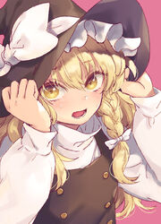  black_hat black_vest blonde_hair blush bow braid commentary_request female hairbow hands_on_headwear hands_up hat hat_bow kirisame_marisa long_hair long_sleeves looking_at_viewer open_mouth pink_background shirt simple_background single_braid solo tomobe_kinuko touhou upper_body vest white_bow white_shirt witch_hat yellow_eyes 