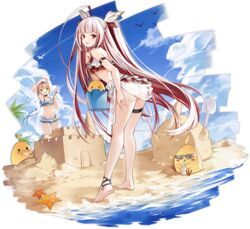  2girls ahoge aircraft airplane antenna_hair arm_strap arm_up ass azur_lane bare_shoulders barefoot beach bikini bird blonde_hair blue_bikini chick cloud frilled_bikini frills green_eyes highres holding holding_shovel leaning_forward long_hair looking_back manjuu_(azur_lane) multiple_girls official_alternate_costume official_art open_mouth outdoors pink_hair red_bikini red_eyes red_hair sand sand_castle sand_sculpture sarong short_hair shovel sky southampton_(azur_lane) standing sunglasses swimsuit thigh_strap thighs tongue tongue_out transparent_background tree two_side_up vauquelin_(azur_lane) vauquelin_(innocent_summer_knight)_(azur_lane) very_long_hair vilor 