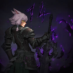  animal_ears armor black_armor cat_ears cat_tail cowboy_shot dark_background dark_knight_(final_fantasy) facial_mark female final_fantasy final_fantasy_xiv from_behind gauntlets greatsword highres holding holding_sword holding_weapon looking_at_viewer miqo&#039;te protected_link short_hair shoulder_armor sicae solo sword tail warrior_of_light_(ff14) weapon whisker_markings white_hair yellow_eyes 