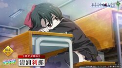  black_hair black_skirt black_thighhighs bow copyright_name covered_mouth covering_own_mouth crossover desk female hairbow head_on_table higurashi_no_naku_koro_ni_mei indoors kiyoura_setsuna looking_to_the_side official_art pleated_skirt red_bow red_eyes school_days school_desk school_uniform sitting skirt solo thighhighs watanabe_akio 