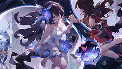  2girls asc11 bare_shoulders barefoot blue_flower bracelet breasts brown_hair bug butterfly chinese_commentary cleavage commentary_request deer dress dual_persona flower full_body gloves hair_between_eyes hair_flower hair_ornament highres holding_hands honkai_(series) honkai_impact_3rd jewelry long_hair looking_at_another multiple_girls navel open_mouth purple_eyes red_gloves red_hair seele_(alter_ego) seele_vollerei seele_vollerei_(herrscher_of_rebirth) seele_vollerei_(starchasm_nyx) sleeveless sleeveless_dress smile white_dress 