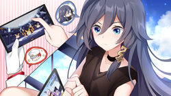  belt black_shirt blue_eyes blue_hair captain_(honkai_impact) cellphone_photo chinese_clothes choker closed_mouth clothing_cutout cloud dragon_print female fu_hua fu_hua_(night_squire) fu_hua_(rustic_noir) gacha gloves gou_lianlian_dogface grey_hair hair_between_eyes hair_ornament highres holding homu_(honkai_impact) honkai_(series) honkai_impact_3rd kiana_kaslana kiana_kaslana_(herrscher_of_the_void) long_hair looking_at_object low-cut_armhole multiple_belts official_alternate_costume phone playing playing_games shirt shorts side_cutout sidelocks single_glove sky sleeveless sleeveless_shirt theresa_apocalypse theresa_apocalypse_(celestial_hymn) white_gloves white_shorts 