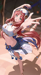  :d aqua_eyes arms_up bare_arms bare_shoulders blue_bow blue_nails blue_skirt blush bow breasts brooch circlet crop_top dancer dancing fake_horns female floating_hair genshin_impact gladiator_sandals gold_footwear gold_trim harem_outfit highres horns jewelry leg_up long_hair medium_breasts nail_polish navel neck_ring nilou_(genshin_impact) no_detached_sleeves outstretched_hand red_hair sandals shadow shirt sideboob sidelocks skirt sleeveless smile solo standing standing_on_one_leg starblue stomach twintails veil vision_(genshin_impact) white_shirt 