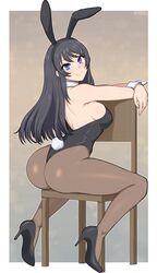  afrobull animal_ears ass black_footwear black_hair black_leotard black_pantyhose breasts chair closed_mouth crossed_arms detached_collar fake_animal_ears female full_body hair_ornament hairclip high_heels highres leotard long_hair looking_at_viewer pantyhose playboy_bunny purple_eyes rabbit_ears sakurajima_mai seishun_buta_yarou sideboob signature sitting smile solo strapless strapless_leotard wrist_cuffs 