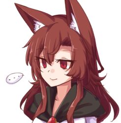  ... animal_ear_fluff animal_ears brooch brown_hair dress female hair_between_eyes imaizumi_kagerou jewelry long_hair portrait red_eyes simple_background spoken_ellipsis touhou white_background white_dress wolf_ears wool_(miwol) 