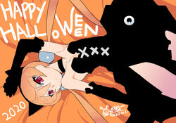  alisa_southerncross animal_ears arm_up artist_name bed_sheet black_dress black_gloves breasts cat_ears closed_mouth commentary dated dress elbow_gloves english_text female from_above gloves halloween halloween_costume happy_halloween highres keroro_gunsou light_frown long_hair looking_at_viewer lying on_back orange_hair oyster_(artist) red_eyes short_dress signature small_breasts solo strapless strapless_dress twintails 