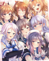  6+girls :d ;d ^_^ bad_id bad_pixiv_id bandaid bandaid_on_face black_gloves black_serafuku black_vest blue_eyes blue_hair blue_neckerchief blush brown_eyes brown_hair closed_eyes commentary_request double_v elbow_gloves facing_viewer fumizuki_(kancolle) gloves gradient_hair grey_hair hair_ribbon hat hatsukaze_(kancolle) hime_cut i-26_(kancolle) juurouta kantai_collection light_brown_hair long_hair mole mole_under_eye multicolored_hair multiple_girls neckerchief oboro_(kancolle) one_eye_closed open_mouth ponytail purple_eyes purple_hair ribbon sailor_collar sailor_hat school_uniform serafuku shirt short_hair short_sleeves sleeveless sleeveless_shirt smile tsushima_(kancolle) two_side_up umikaze_(kancolle) usugumo_(kancolle) v vest white_gloves white_shirt 