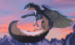  2021 blurred_background day detailed_background digital_media_(artwork) dragon feathered_dragon feathered_scalie feathered_wings feathers feral fur furred_dragon furred_scalie hair hi_res horn mythological_creature mythological_scalie mythology outside runasolaris scalie shaded sings sky smile solo tail wings 