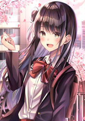  :d black_hair black_jacket blazer blush bow bowtie brown_eyes collared_shirt dress_shirt female grey_hair hair_between_eyes highres jacket long_hair long_sleeves multicolored_hair open_clothes open_jacket open_mouth original outdoors petals red_bow red_bowtie school_uniform shirt smile solo standing tsukasa_tsubasa two-tone_hair upper_body very_long_hair white_shirt wing_collar 