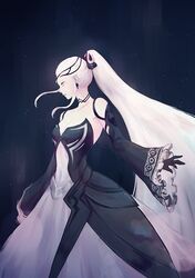  artist_name black_gloves breasts cleavage detached_sleeves dress earrings eir_(fire_emblem) female fire_emblem fire_emblem_heroes from_side gloves jewelry juwei long_hair pale_skin ponytail sidelocks solo strapless strapless_dress very_long_hair white_hair 