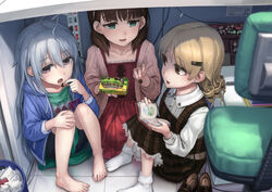  3girls ahoge aqua_eyes barefoot black_shorts blonde_hair blue_jacket brown_eyes brown_hair chair chocolate collarbone collared_shirt commentary dress drill_hair earrings eating feet fingernails food grey_hair hair_ornament hairclip hand_on_own_knee holding holding_food hoshi_syoko idolmaster idolmaster_cinderella_girls jacket jewelry kinoko_no_yama lif_(lif_&amp;_ref) long_hair long_sleeves looking_at_another morikubo_nono multiple_girls no_shoes on_floor open_clothes open_jacket open_mouth photoshop_(medium) pink_nails plaid plaid_dress puffy_long_sleeves puffy_sleeves purple_eyes red_dress sakuma_mayu shirt shoes shorts sitting smile socks stud_earrings tile_floor tiles under_the_desk_(idolmaster) under_the_table unworn_shoes white_legwear white_shirt 