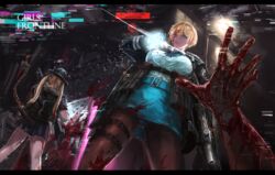  ! 2girls belt black_jacket blonde_hair blood blood_on_clothes blood_on_hands blood_splatter blue_eyes blue_panties breasts commentary_request elid_(girls&#039;_frontline) flashlight girls&#039;_frontline glitch gun hat highres horns jacket large_breasts m870_(girls&#039;_frontline) mechanical_tail multiple_girls osakana_(denpa_yun&#039;yun) panties pantyshot partial_commentary pencil_skirt pleated_skirt pouch pov pov_hands pump_action red_horns remington_870 rifle shirt short_hair shotgun skirt tail thigh_pouch traditional_media underwear vsk-94 vsk-94_(girls&#039;_frontline) weapon white_shirt 