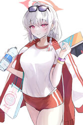  absurdres black_wings blue_archive bottle braid buruma cowboy_shot demon_wings eyewear_on_head fake_wings female grey_hair gym_shirt gym_uniform halo haruna_(blue_archive) haruna_(track)_(blue_archive) highres holding holding_bottle jacket jacket_on_shoulders kaminose_(user_veum4325) long_hair official_alternate_costume red_buruma red_eyes red_halo shirt short_sleeves side_braid simple_background solo tinted_eyewear track_jacket white_background white_shirt wings 