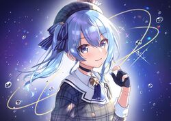  beret black_choker black_gloves blue_eyes blue_hair blue_nails blush choker commentary crown female gloves grey_hat hair_between_eyes hat hololive hoshimachi_suisei hoshimachi_suisei_(1st_costume) looking_at_viewer medium_hair nail_polish partially_fingerless_gloves plaid_headwear side_ponytail smile solo star_(symbol) sumisaki_yuzuna upper_body virtual_youtuber 