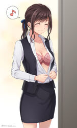  artist_name black_skirt blue_ribbon bra breasts brown_hair cleavage closed_eyes closed_mouth collarbone collared_shirt commentary_request commission cowboy_shot dress_shirt dressing female hair_ribbon happy highres jewelry lace-trimmed_bra lace_trim long_hair long_sleeves low_ponytail medium_breasts musical_note office_lady original pencil_skirt pendant pink_bra pixiv_commission ribbon setu_kurokawa shirt skirt smile solo spoken_musical_note standing twitter_username underwear watermark white_shirt 