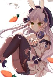  absurdres animal_ears assault_rifle bad_id bad_pixiv_id bare_shoulders black_thighhighs blurry blurry_foreground blush breasts carrot detached_sleeves dress female floating floating_hair flower girls&#039;_frontline green_eyes grey_hair gun h&amp;k_hk416 hair_flower hair_ornament hairband hands_up hat highres hk416_(girls&#039;_frontline) hk416_(herbal-flavored_hard_candy)_(girls&#039;_frontline) long_hair long_sleeves looking_at_viewer official_alternate_costume open_mouth panties pantyhose parted_lips rabbit_ears rifle riko_(rik0ring) sidelocks simple_background small_breasts solo teardrop thighhighs thighs torn_clothes torn_pantyhose underwear weapon white_background white_dress 