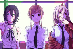  3girls absurdres bad_id bad_pixiv_id bare_shoulders biting black_choker black_hair blonde_hair braid braided_ponytail breasts business_suit chainsaw_man choker collarbone collared_shirt cowboy_shot cross-shaped_pupils demon demon_girl demon_horns formal green_eyes hair_between_eyes hair_bun hand_up highres horns jacket jipponwazaari light light_smile long_sleeves looking_at_viewer looking_away looking_to_the_side makima_(chainsaw_man) medium_breasts medium_hair multiple_girls nail_biting neck_ribbon necktie office_lady power_(chainsaw_man) red_eyes red_hair red_horns red_jacket reze_(chainsaw_man) ribbon ringed_eyes sharp_teeth shirt single_hair_bun sleeveless sleeveless_shirt small_breasts smile suit sunlight symbol-shaped_pupils teeth white_shirt window 