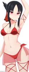  absurdres arm_at_side arm_ribbon arm_up armpits ass_visible_through_thighs bikini black_hair blush breasts breasts_apart closed_mouth collarbone commentary cowboy_shot curvy embarrassed english_commentary eyelashes female folded_ponytail frown hair_ribbon halterneck highres kaguya-sama_wa_kokurasetai_~tensai-tachi_no_renai_zunousen~ leg_ribbon looking_at_viewer medium_breasts navel paid_reward_available parted_bangs red_bikini red_eyes red_ribbon ribbon roswell_ss shinomiya_kaguya short_hair_with_long_locks side-tie_bikini_bottom sidelocks simple_background skindentation solo standing stomach swimsuit thigh_ribbon thighs twitter_username white_background 