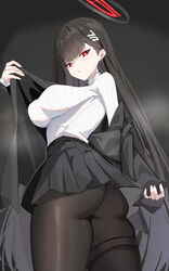  absurdres ass bad_id bad_pixiv_id black_hair black_pantyhose blue_archive blunt_bangs breasts commentary etoile female hair_ornament hairclip halo highres long_hair looking_at_viewer pantyhose parted_lips pleated_skirt red_eyes rio_(blue_archive) skirt solo sweater very_long_hair 