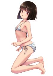  :o akemiho_tabi_nikki bare_shoulders barefoot bikini black_hair blunt_bangs blush bob_cut breasts brown_eyes commentary female fukube_tamaki gendai_ninjakko_zukan highres kneeling kouno_hikaru looking_at_viewer looking_to_the_side open_mouth original polka_dot polka_dot_bikini short_hair side-tie_bikini_bottom simple_background small_breasts solo swimsuit toes white_background white_bikini 