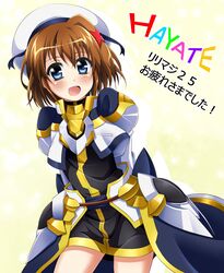  :d armored_skirt arms_behind_back beret black_dress blue_eyes brown_hair character_name commentary cropped_jacket dress female hair_ornament hat highres jacket juliet_sleeves long_sleeves looking_at_viewer lyrical_nanoha magical_girl mahou_shoujo_lyrical_nanoha mahou_shoujo_lyrical_nanoha_detonation puffy_sleeves short_dress short_hair smile solo standing translated waist_cape white_hat white_jacket x_hair_ornament yagami_hayate yorousa_(yoroiusagi) 