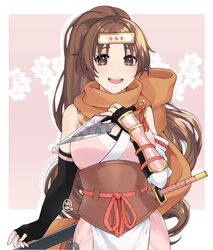  alternate_costume arm_guards black_gloves brown_eyes brown_hair commission cosplay cowboy_shot elbow_gloves female fire_emblem fire_emblem:_mystery_of_the_emblem fire_emblem_heroes floral_background gloves hannreina headband highres holding holding_weapon igrene_(fire_emblem) igrene_(fire_emblem)_(cosplay) igrene_(ninja)_(fire_emblem) japanese_clothes kunai linde_(fire_emblem) ninja ponytail sword weapon weapon_behind_back 