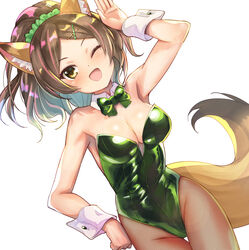  ;d absurdres animal_ear_fluff animal_ears arm_up armpits blush bow breasts brown_eyes brown_hair collar cowboy_shot detached_collar female fishnet_pantyhose fishnets fox_ears fox_girl fox_tail green_bow green_leotard green_scrunchie groin hair_ornament hair_scrunchie hairclip hand_on_own_hip high_ponytail highres kittun_(show_by_rock!!) leotard looking_at_viewer nyama one_eye_closed pantyhose parted_bangs ponytail scrunchie show_by_rock!! simple_background smile solo strapless strapless_leotard tail thigh_gap white_background white_collar wing_collar wrist_cuffs x_hair_ornament 