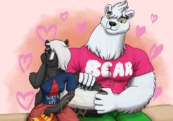  2020 5_fingers anthro artist_logo ashe_grewirt bangs bear bench big_muscles black_body black_eyebrows black_fur black_nose blue_clothing blue_shirt blue_topwear blush bottomwear breasts cheek_tuft chest_tuft clawed_fingers claws clothed clothing digital_drawing_(artwork) digital_media_(artwork) duo eternal_forwardness eyebrows facial_markings facial_tuft female fingers fluffy fluffy_arms fluffy_tail fur green_bottomwear green_clothing green_pants hair hair_over_eye half-closed_eyes hand_on_face hat head_markings headgear headwear heart_symbol hi_res interspecies larger_male logo male male/female mammal markings mephitid multicolored_body multicolored_fur multicolored_tail muscular muscular_anthro muscular_male narrowed_eyes neck_tuft on_bench one_eye_obstructed one_shoulder_top orange_eyes pants pattern_clothing pattern_hat pattern_headgear pattern_headwear pink_clothing pink_shirt pink_topwear polar_bear red_bottomwear red_clothing red_shorts shirt shorts simple_background sitting sitting_on_bench size_difference skunk skywater smaller_female smile striped_clothing striped_hat striped_headgear striped_headwear stripes tail text text_on_clothing thick_eyebrows thick_thighs topwear tuft ursine white_body white_eyebrows white_fur wide_hips wilbur_bearrison yellow_eyes 