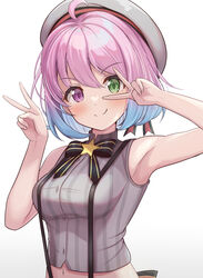  ahoge arms_up beret black_bow black_bowtie blue_hair bow bowtie breasts cosplay crop_top cropped_shirt female green_eyes grey_shirt hair_between_eyes hat heterochromia highres himemori_luna hololive light_blue_hair medium_breasts midriff multicolored_hair navel oozora_subaru oozora_subaru_(cosplay) oozora_subaru_(work) pink_hair purple_eyes shirt short_hair sleeveless sleeveless_shirt solo striped_clothes striped_shirt suicabar72 suspenders upper_body v vertical-striped_clothes vertical-striped_shirt virtual_youtuber white_background 