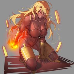  arm_guards at2. bare_shoulders bikini blaze_(minecraft) blaze_rod blonde_hair breasts cleavage collarbone dark-skinned_female dark_skin female fire floating floating_object grey_background grin hair_ornament hand_on_floor kneeling large_breasts long_hair looking_at_viewer minecraft personification shiny_clothes shiny_skin simple_background smile solo swimsuit teeth toned yellow_eyes 