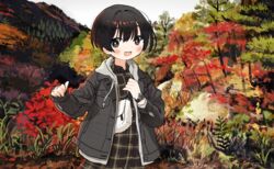  :d absurdres autumn autumn_leaves black_hair dress female highres jacket maven mountain nature open_mouth original outdoors plaid plaid_dress short_hair sleeves_past_wrists smile solo tree watch wristwatch zinbei 