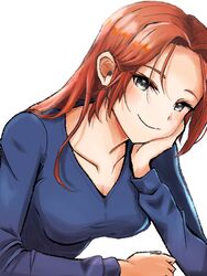  breasts closed_mouth collarbone commentary crowe_f._almedio female genderswap_(mtf) highres kazuwaya long_hair looking_at_viewer red_hair rule_63 simple_background smile solo star_ocean star_ocean_the_last_hope white_background 