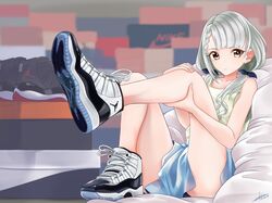  air_jordan air_jordan_11 blue_skirt braid braided_bangs brown_eyes collarbone female frown grey_hair highres hisakawa_nagi holding_own_leg idolmaster idolmaster_cinderella_girls long_hair looking_at_viewer low_twintails nike_(company) shirt shoe_box shoes silenxe sitting skirt sleeveless sleeveless_shirt sneakers solo twintails yellow_shirt 