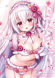  blurry blush bra breasts choker cleavage cover cover_page cowboy_shot curtain_grab curtains female flower garter_belt gloves grey_hair hair_between_eyes hair_flower hair_ornament headdress holding kyuketsuki-chan_(mitsuba_choco) large_breasts lingerie long_hair looking_at_viewer mitsuba_choco navel oerba_yun_fang open_mouth original panties petals photoshop_(medium) red_eyes ribbon_choker see-through see-through_sleeves short_sleeves smile solo stomach thigh_gap thighs underwear underwear_only very_long_hair white_bra white_gloves white_panties 