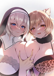  1boy 2girls animal_ears animal_print asami_asami black_headwear blonde_hair blue_eyes blush breasts brown_eyes cleavage closed_mouth commentary_request grabbing grabbing_another&#039;s_breast grey_hair highres leopard_ears leopard_girl leopard_print looking_at_viewer mole mole_under_eye multiple_girls nun parted_lips role_player:_tororo_shimai_no_nenmaku_potrait_-_gurigucha_live! smile straight upper_body 